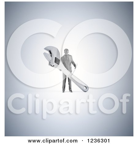 Clipart of a 3d Business or Handy Man Holding an Adjustable Wrench - Royalty Free CGI Illustration by Mopic