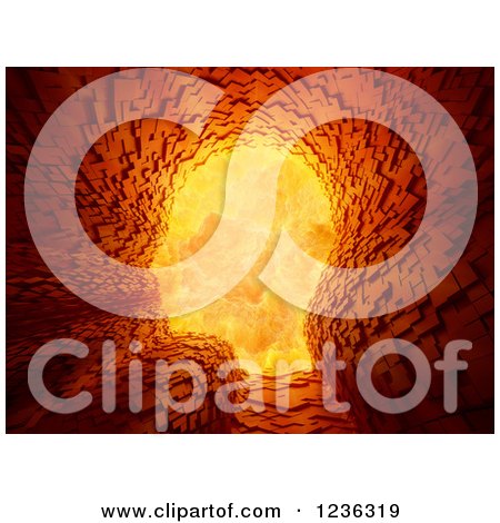 Clipart of a 3d Block Tunnel in the Shape of a Head, with a Hot Explosion - Royalty Free CGI Illustration by Mopic