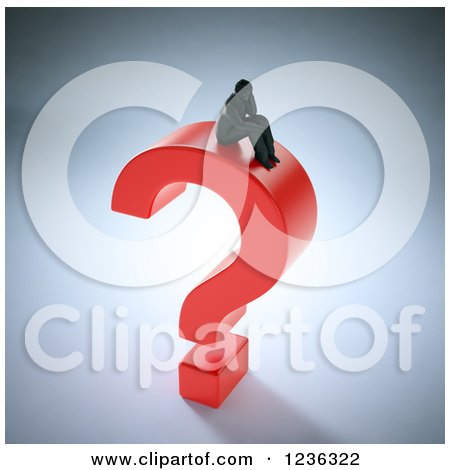 Clipart of a 3d Tiny Man Sitting and Thinking on a Question Mark - Royalty Free CGI Illustration by Mopic