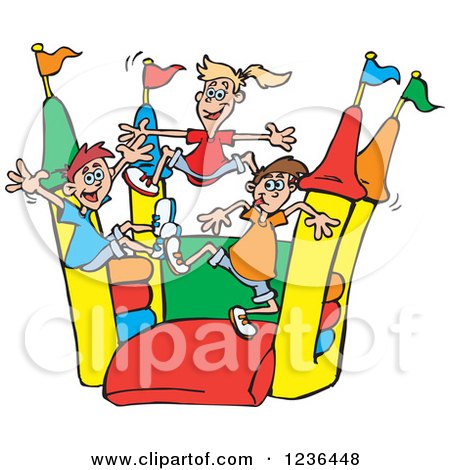 Clipart of Happy Children Jumping on a Colorful Castle Bouncy House - Royalty Free Vector Illustration by Dennis Holmes Designs