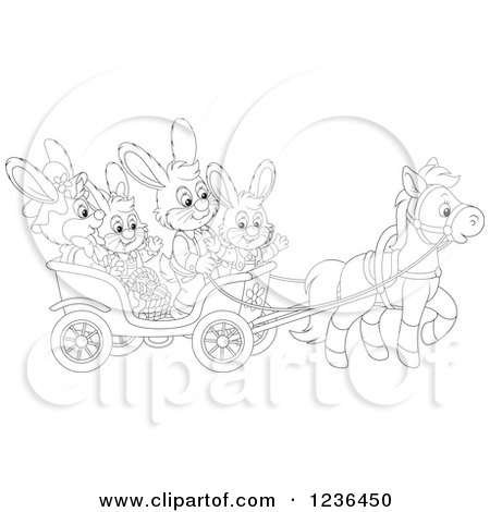 Clipart of a Black and White Bunny Rabbit Family on an Easter Horse Drawn Cart - Royalty Free Vector Illustration by Alex Bannykh