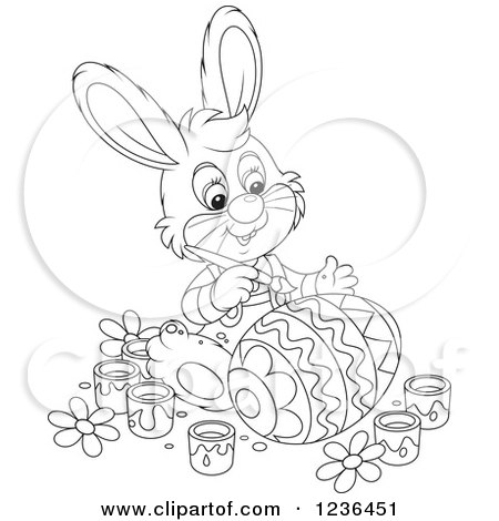Clipart of a Black and White Male Bunny Rabbit Painting an Easter Egg in Colorful Patterns - Royalty Free Vector Illustration by Alex Bannykh