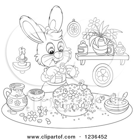 Clipart of a Black and White Female Bunny Rabbit Decorating an Easter Cake - Royalty Free Vector Illustration by Alex Bannykh