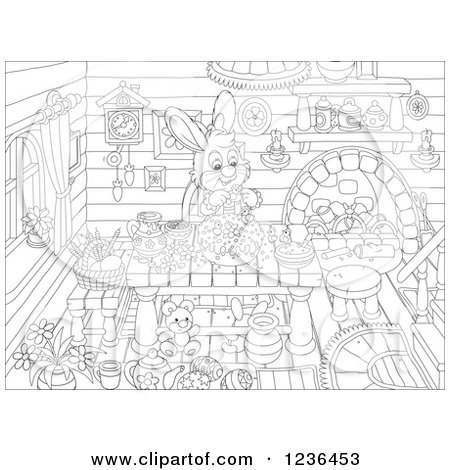 Clipart of a Black and White Female Bunny Rabbit Making an Easter Cake in a Cabin - Royalty Free Vector Illustration by Alex Bannykh