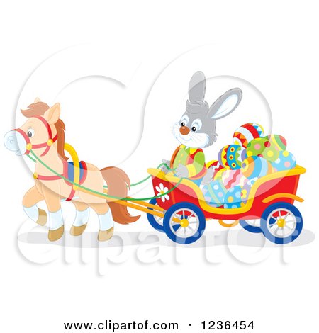 Clipart of a Gray Male Easter Bunny Steering a Horse Drawn Cart Full of Eggs - Royalty Free Vector Illustration by Alex Bannykh