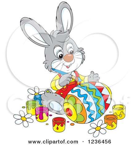Clipart of a Gray Male Bunny Painting an Easter Egg in Colorful Patterns - Royalty Free Vector Illustration by Alex Bannykh