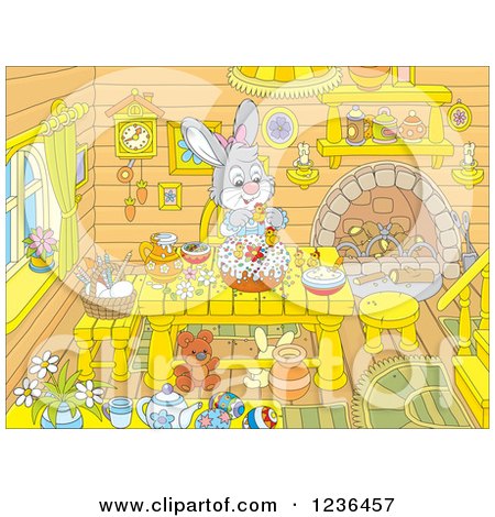 Clipart of a Female Rabbit Making an Easter Cake in a Cabin - Royalty Free Vector Illustration by Alex Bannykh
