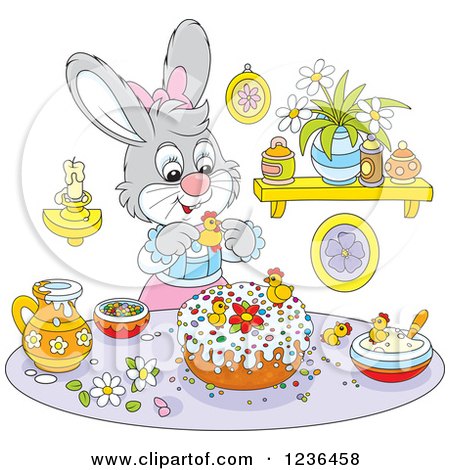 Clipart of a Gray Female Bunny Decorating an Easter Cake - Royalty Free Vector Illustration by Alex Bannykh