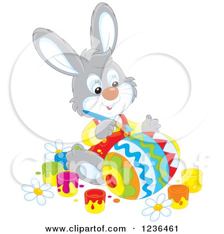 Clipart of a Gray Male Bunny Rabbit Painting an Easter Egg in Colorful Patterns - Royalty Free Vector Illustration by Alex Bannykh