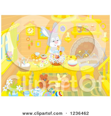 Clipart of a Female Bunny Rabbit Making an Easter Cake in a Cabin - Royalty Free Vector Illustration by Alex Bannykh