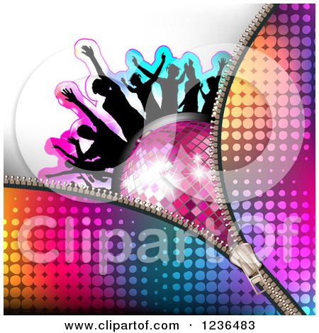 Clipart of a Zipper over Silhouetted People Dancing over a Disco Ball - Royalty Free Vector Illustration by merlinul