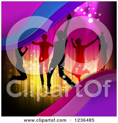 Clipart of Silhouetted People Dancing over Lights and Waves - Royalty Free Vector Illustration by merlinul
