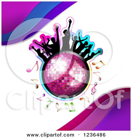 Clipart of Silhouetted People Dancing over a Disco Ball with Notes and Waves - Royalty Free Vector Illustration by merlinul