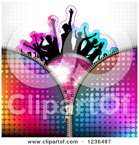 Clipart of a Zipper over Silhouetted People Dancing over a Disco Ball 2 - Royalty Free Vector Illustration by merlinul