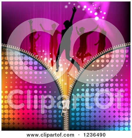 Clipart of a Zipper over Silhouetted People Dancing over Lights and Waves - Royalty Free Vector Illustration by merlinul