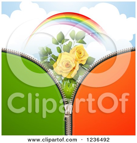 Clipart of a Green and Orange Zipper Background over Sky with a Rainbow and Roses - Royalty Free Vector Illustration by merlinul