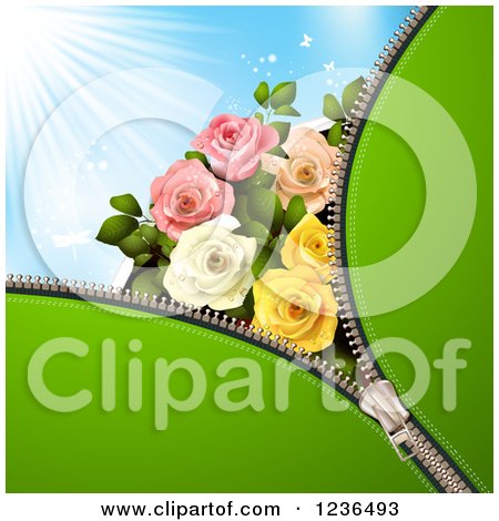 Clipart of a Green Zipper Background over Blue Sky with Roses - Royalty Free Vector Illustration by merlinul