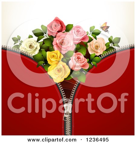 Clipart of a Red Zipper Background with Roses and a Butterfly - Royalty Free Vector Illustration by merlinul