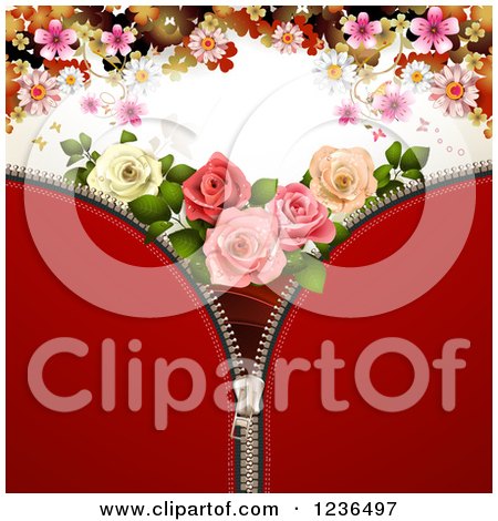 Clipart of a Red Zipper Background with Roses and Flowers - Royalty Free Vector Illustration by merlinul