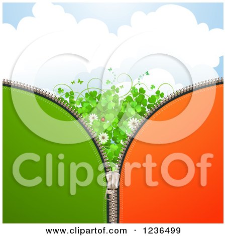 Clipart of a Zipper St Patricks Day Background of Shamrocks, Butterflies Flowers and a Ladybug - Royalty Free Vector Illustration by merlinul