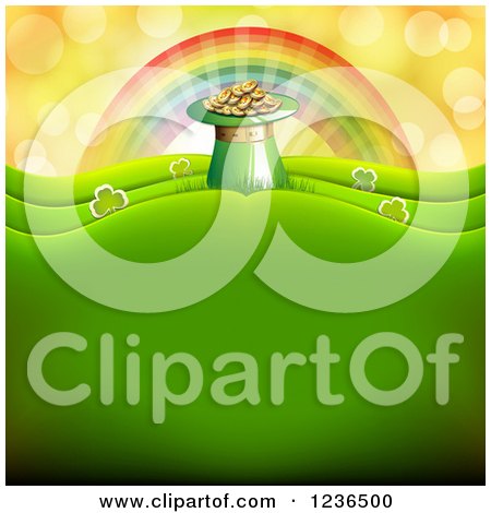 Clipart of a St Patricks Day Background of a Rainbow, Leprechuan Hat Pot of Gold and Shamrocks - Royalty Free Vector Illustration by merlinul