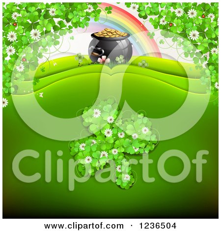 Clipart of a St Patricks Day Background of a Rainbow, Pot of Gold and Shamrocks - Royalty Free Vector Illustration by merlinul