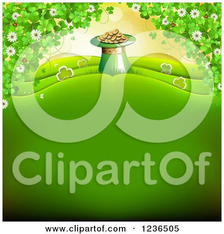 Clipart of a St Patricks Day Background of a Leprechuan Hat Pot of Gold and Shamrocks - Royalty Free Vector Illustration by merlinul