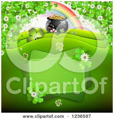 Clipart of a St Patricks Day Background of a Pot of Gold, Rainbow and Shamrocks - Royalty Free Vector Illustration by merlinul