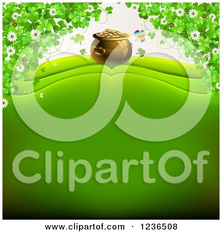 Clipart of a St Patricks Day Background of a Pot of Gold and Shamrocks - Royalty Free Vector Illustration by merlinul