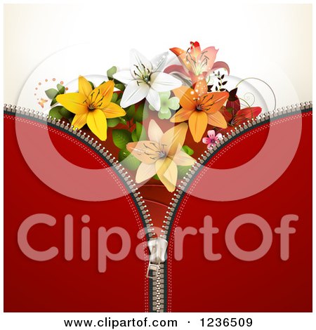 Clipart of a Red Zipper Background with Lily Flowers - Royalty Free Vector Illustration by merlinul