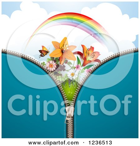 Clipart of a Blue Zipper Background over a Sky with a Rainbow Butterfly and Lilies - Royalty Free Vector Illustration by merlinul