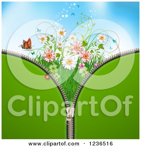 Clipart of a Green Zipper Background over Sky with Butterflies a Ladybug and Flowers - Royalty Free Vector Illustration by merlinul