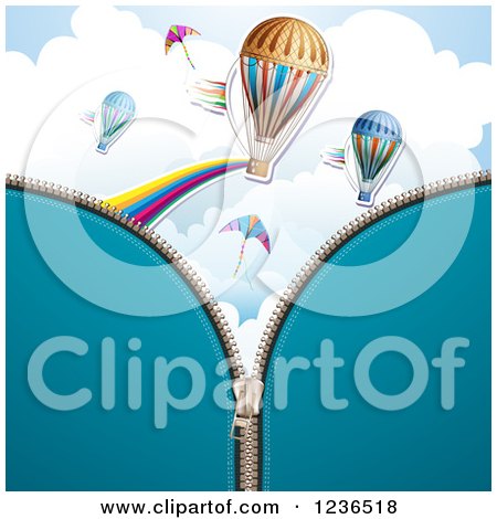 Clipart of a Blue Zipper Background over Kites and Hot Air Balloons - Royalty Free Vector Illustration by merlinul