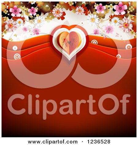 Clipart of a Red Valentine Background with Waves a Butterfly Heart and Blossoms - Royalty Free Vector Illustration by merlinul