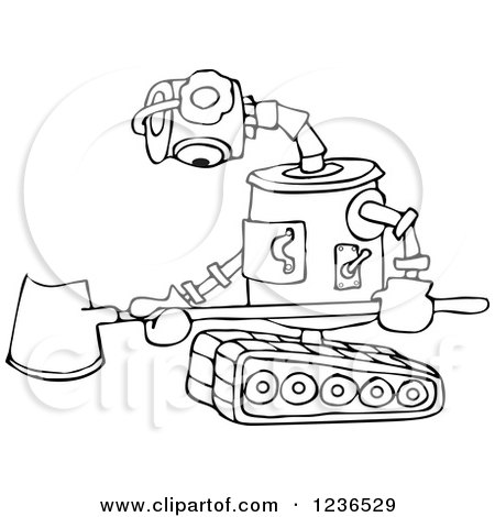 Clipart of a Black and White Sad Robot with a Snow Shovel - Royalty Free Vector Illustration by djart