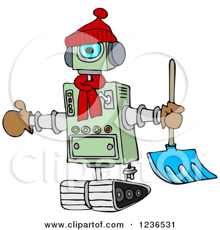 Clipart of a Winter Robot with a Snow Shovel - Royalty Free Vector Illustration by djart