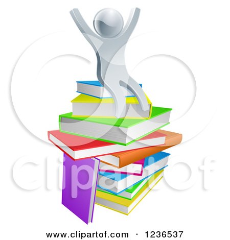 Clipart of a 3d Silver Person Sitting and Cheering on a Stack of Books - Royalty Free Vector Illustration by AtStockIllustration