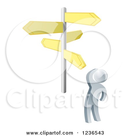 Clipart of a 3d Silver Man Looking up at Crossroad Signs - Royalty Free Vector Illustration by AtStockIllustration