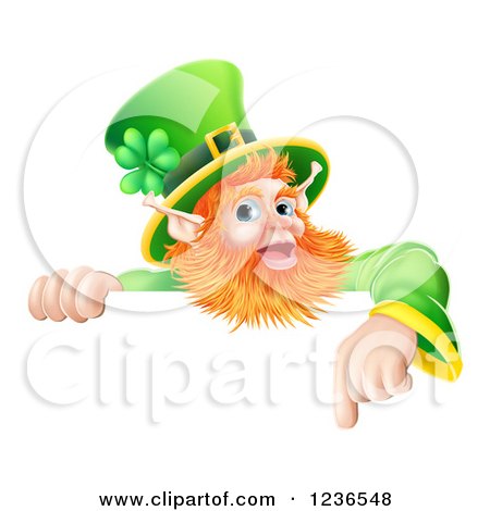 Clipart of a St Patricks Day Leprechaun Pointing down to a Sign - Royalty Free Vector Illustration by AtStockIllustration