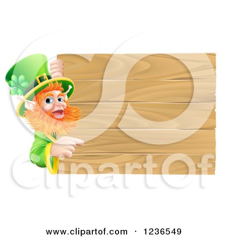 Clipart of a St Patricks Day Leprechaun Pointing to a Wooden Sign - Royalty Free Vector Illustration by AtStockIllustration