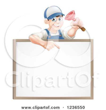Clipart of a Brunette Male Plumber Holding a Plunger and Pointing down at a White Board Sign - Royalty Free Vector Illustration by AtStockIllustration