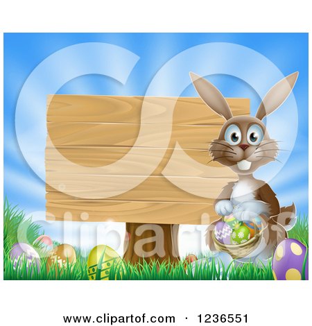 Clipart of a Brown Bunny by a Posted Wood Sign with a Basket, Grass and Easter Eggs - Royalty Free Vector Illustration by AtStockIllustration