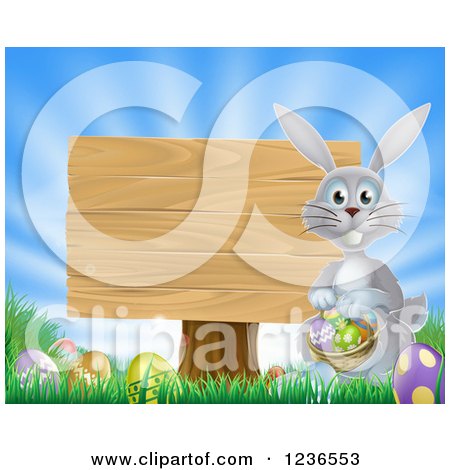Clipart of a Gray Bunny by a Posted Wood Sign with a Basket, Grass and Easter Eggs - Royalty Free Vector Illustration by AtStockIllustration