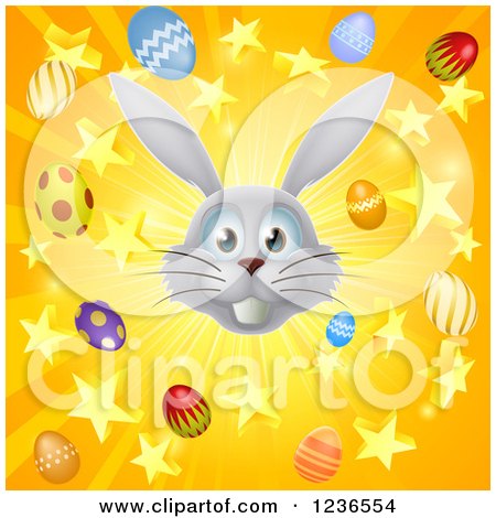 Clipart of a Burst of Rays Stars Eggs and a Gray Easter Bunny - Royalty Free Vector Illustration by AtStockIllustration