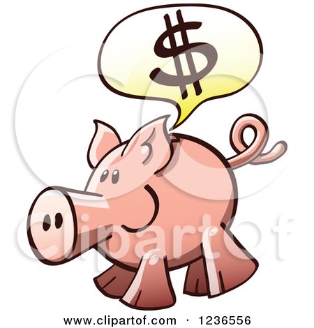 Clipart of a Happy Piggy Bank Talking About Dollars - Royalty Free Vector Illustration by Zooco