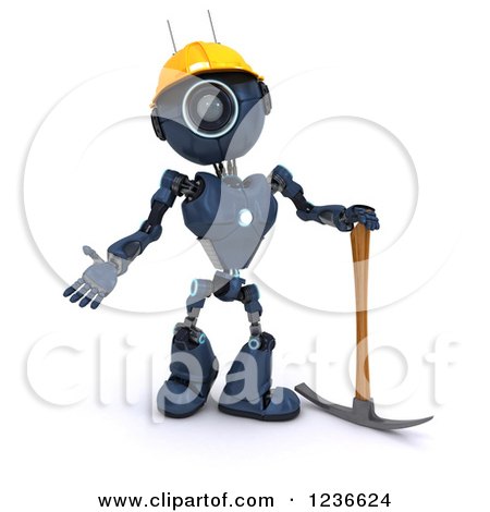 Clipart of a 3d Blue Android Construction Robot with a Pick Axe - Royalty Free Illustration by KJ Pargeter