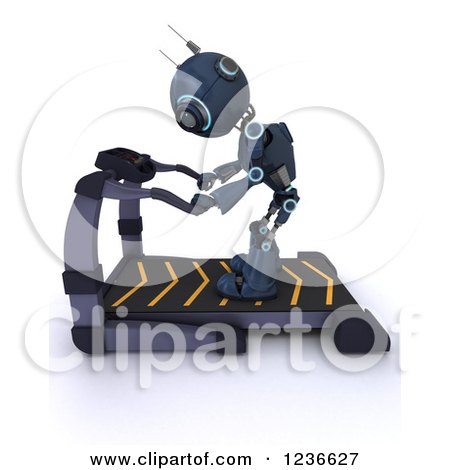 Clipart of a 3d Blue Android Robot on a Treadmill - Royalty Free Illustration by KJ Pargeter