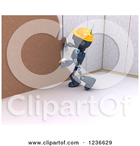Clipart of a 3d Blue Android Construction Robot Plastering over Drywall - Royalty Free Illustration by KJ Pargeter