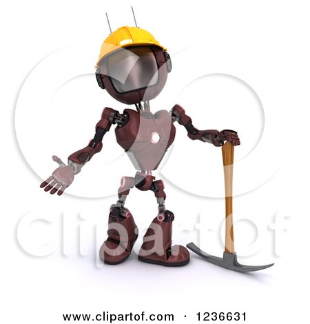 Clipart of a 3d Red Android Construction Robot with a Pick Axe - Royalty Free Illustration by KJ Pargeter