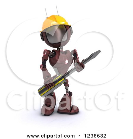 Clipart of a 3d Red Android Robot with a Screwdriver 2 - Royalty Free Illustration by KJ Pargeter